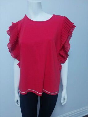 Scusi Red Ruffle Flutter Sleeve Blouse Pearl Trim Scalloped Hem Top Large NWT